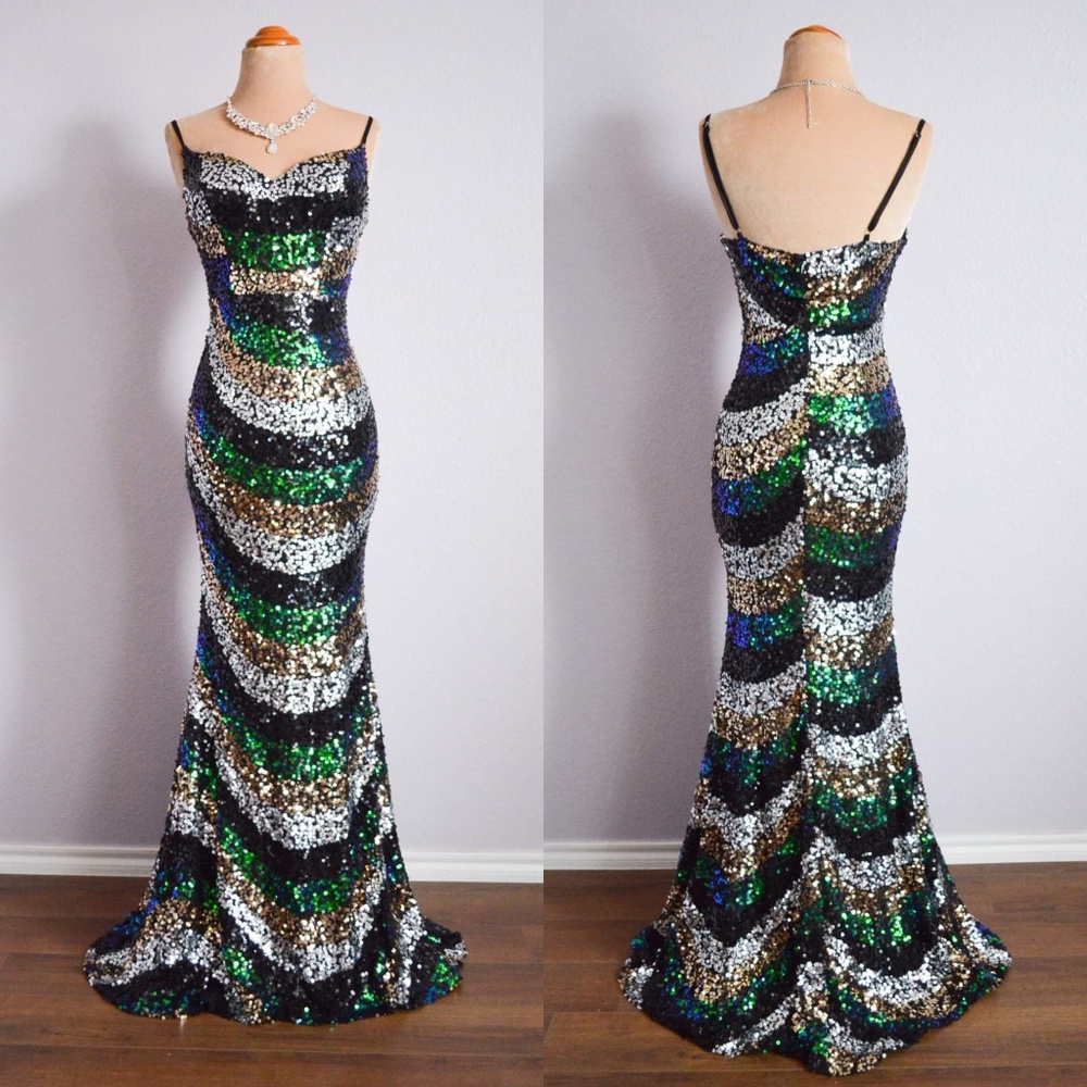 Black Green Long Formal Prom Pageant Sequin Evening Wedding Gown Dress L 10